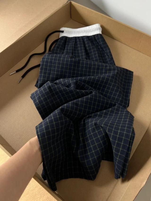 달콤한 격자 무늬 루즈핏 와이드 레그 캐주얼 바지 여성 여름 새로운 탄성 허리 Drawstring 스트레이트 레그 워킹 바지
