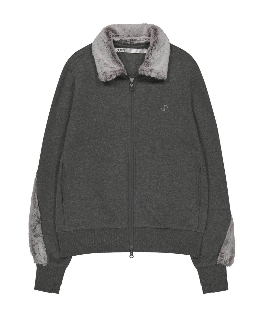 Fur Trim Jersey Zip-up / Charcoal