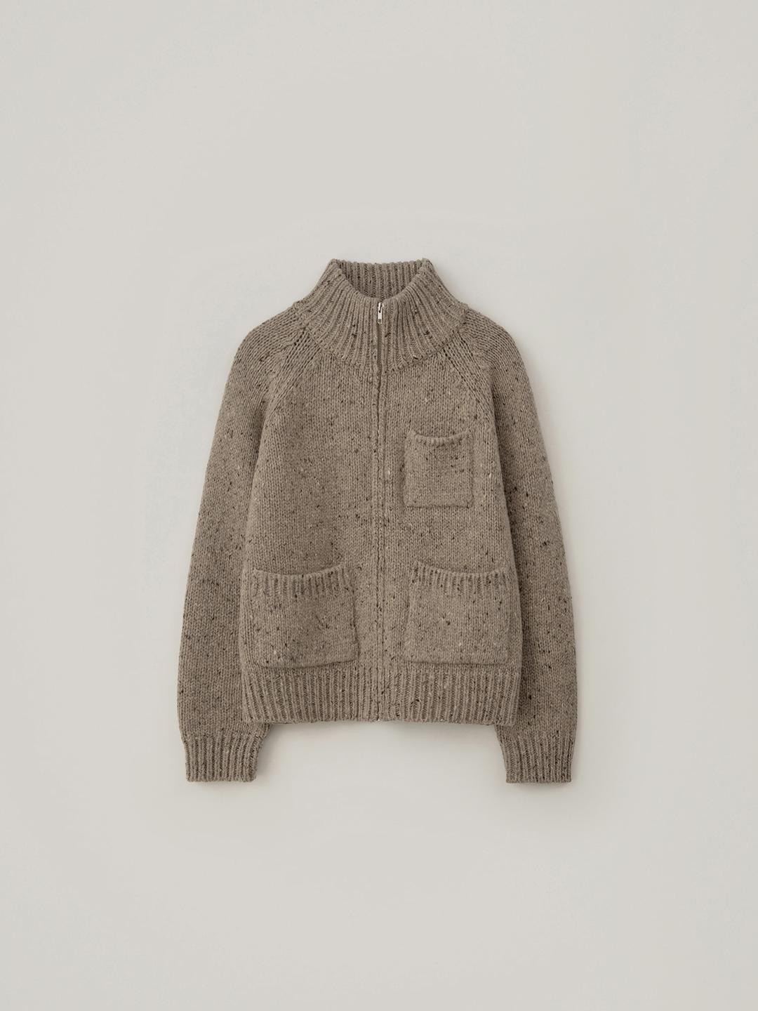 High Neck Zip-Up Knit Cardigan - Beige