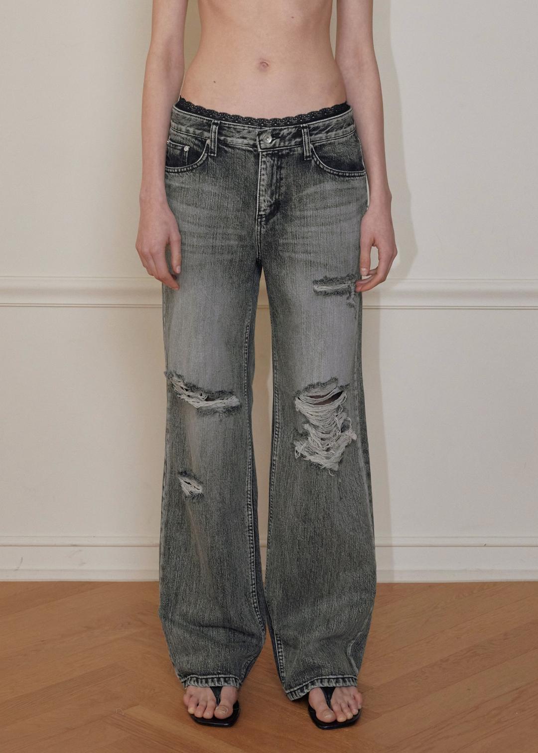 HIGHLIGHT DAMAGE WIDE PANTS, GRAY