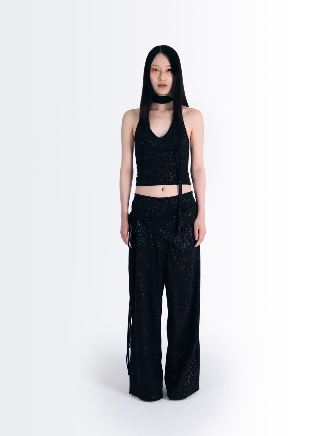 GLITTER SIDE STRAP PANTS [BLACK]
