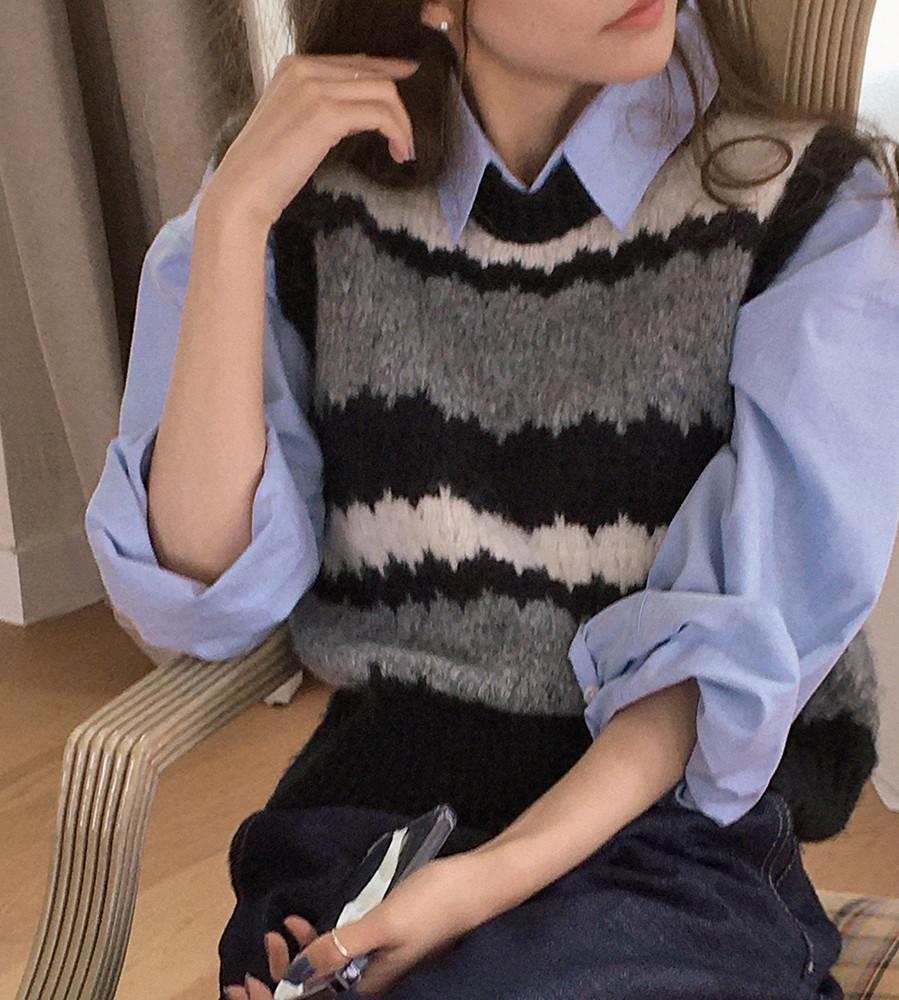 세인즈버리 울 니트 패턴 조끼 겨울 베스트