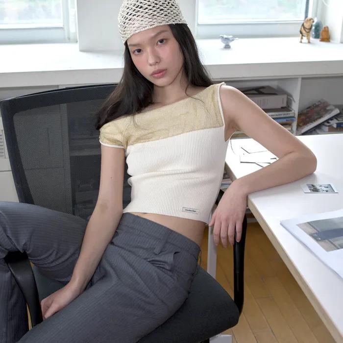 METAL COMBI OFF SHOULDER KNIT_CREAM GOLD