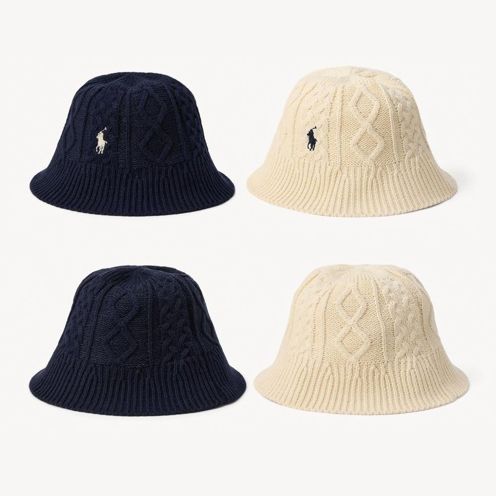 랄프로렌 폴로 트위스트 니트 버킷햇 베이지 네이비 벙거지 보넷 뜨개모자