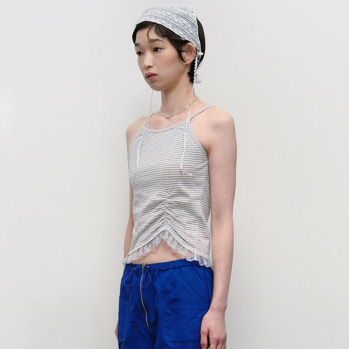 Stripe Shirred Sleeveless Top [Gray]