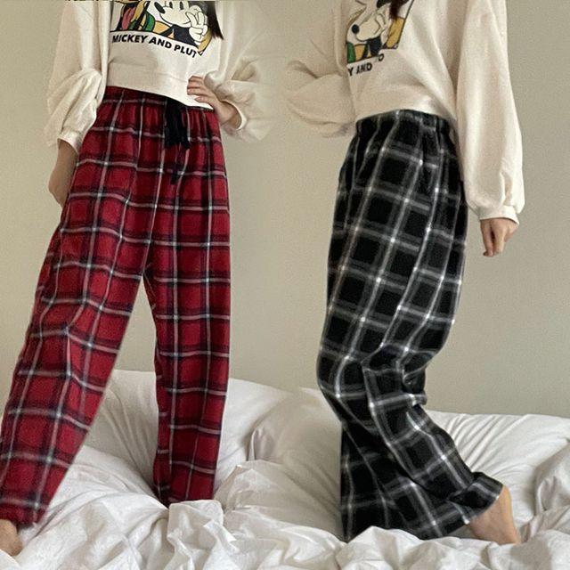 800482 잠옷바지 여자 남자 기모 긴바지 파자마 9부 체크