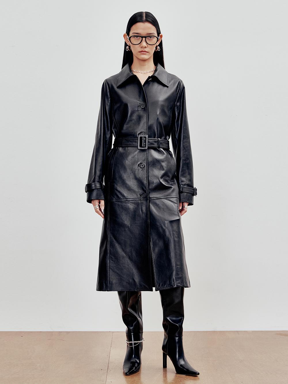 Belted lambskin Trench Coat (Black)