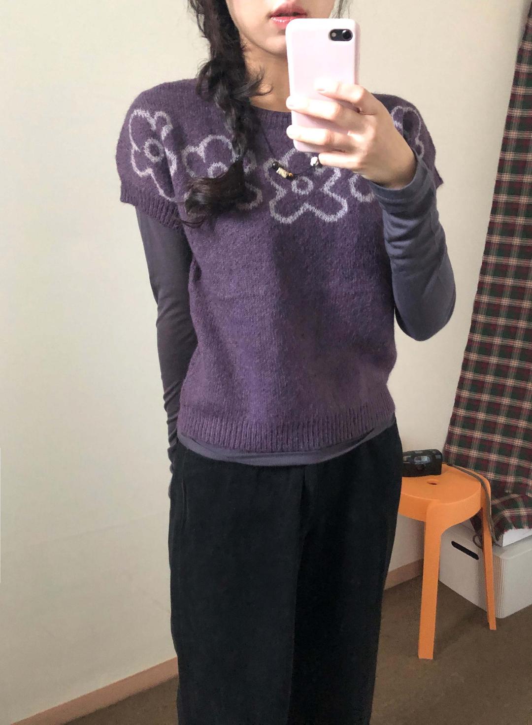딥플럼 vintage flower knit (2color) / 빈티지 반팔 니트 꽃 니트 겨울 가을 보라색 퍼플 그레이 회색 라이트