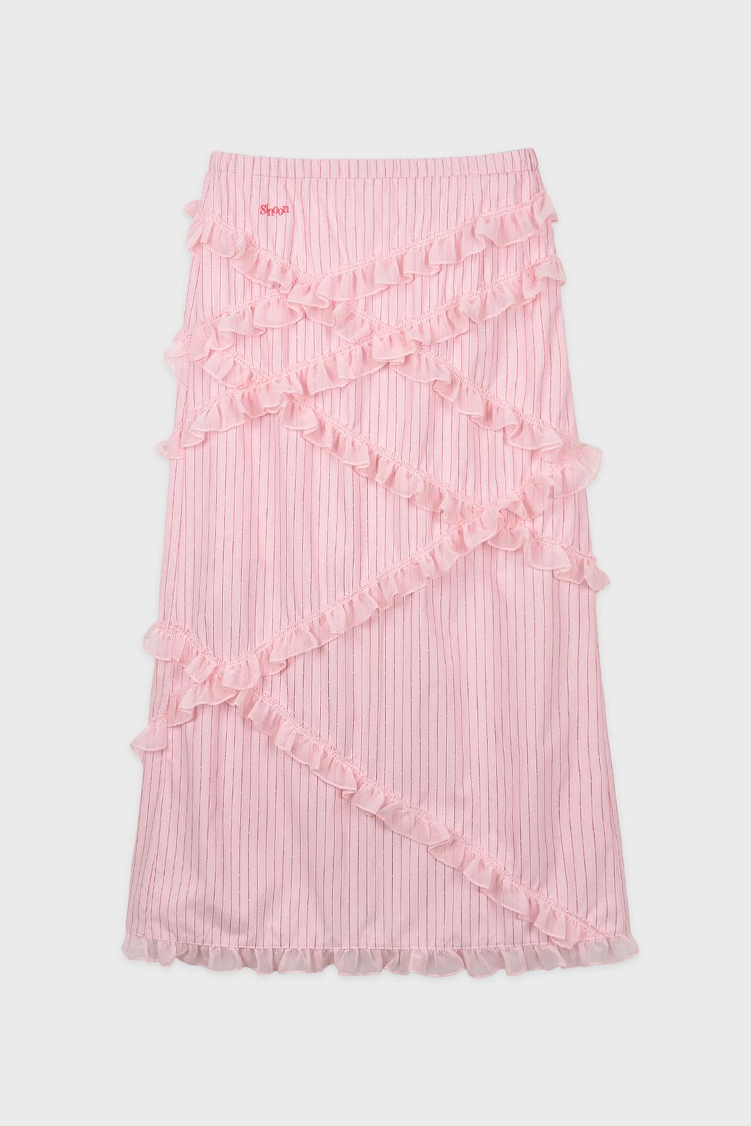 Chiffon Frill Stripe Long Skirt (Pink)