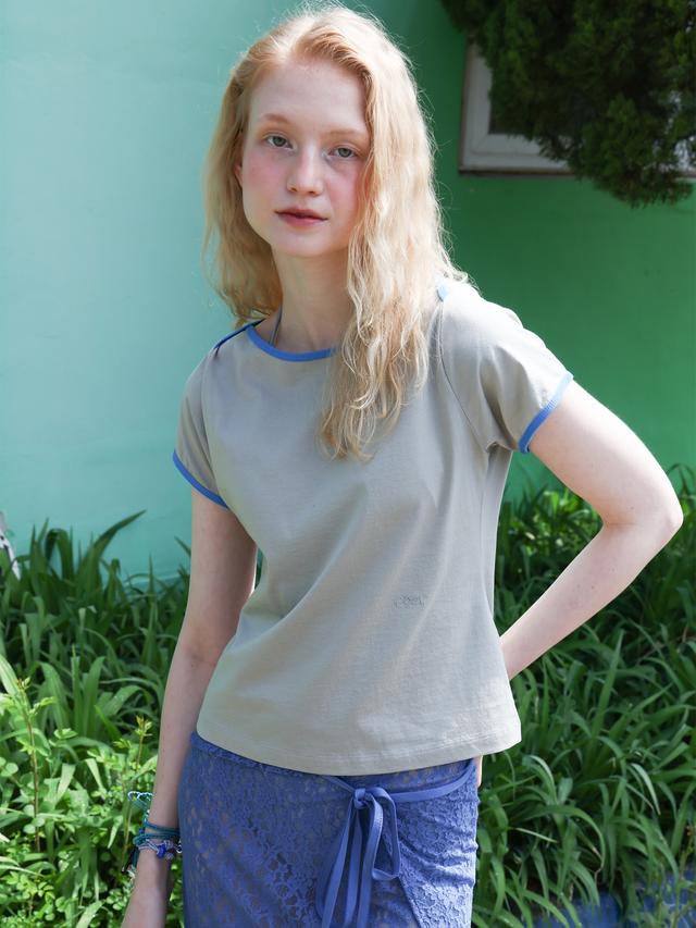 Contrast Boat-neck T-shirt - Light Khaki
