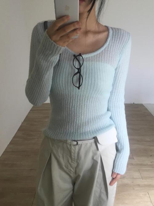 민트 모헤어 유넥 골지 니트