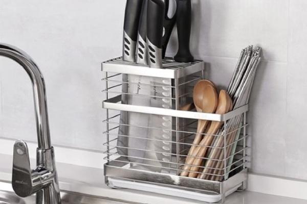 깔끔정리 칼꽂이 겸용 스텐 수저통 물빠짐 주방정리