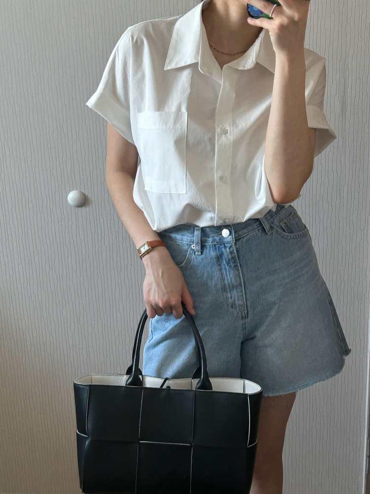 클린 베이직 여자 여름 반팔 셔츠 남방 (화이트 옐로우베이지 연핑크 네이비)