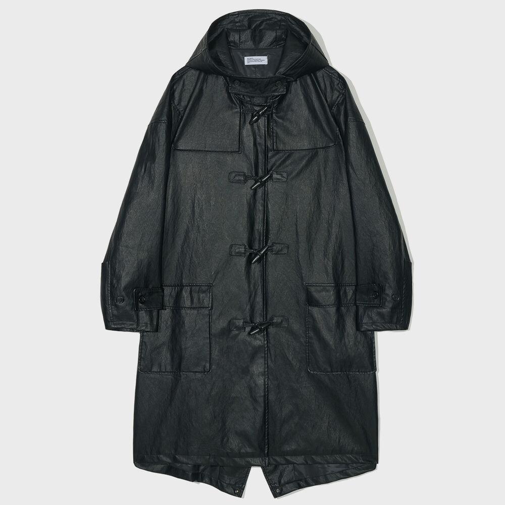 [Vegan Leather] Oversize Duffle Long Coat Black