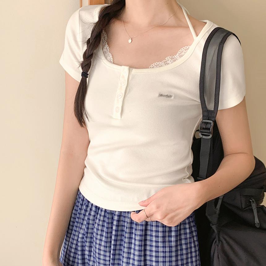 그레이스뮤즈 [무료배송][쫀쫀원단]페이 레이스 홀터 헨리넥 반팔 티셔츠