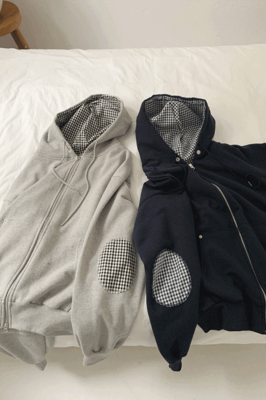 check patch hood zip-up (2color) -3월 초 입고