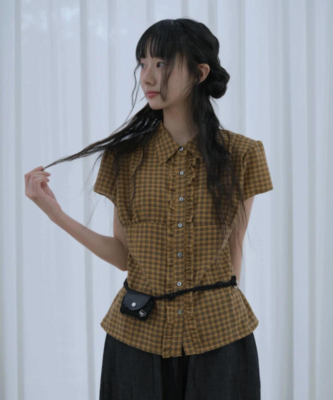 *추천* 페퍼 체크 린넨 프릴 반팔 블라우스 3color