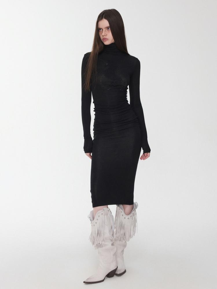 1JINN STUDIO High-neck basic long-sleeve & slim-fit long dress (2 types)