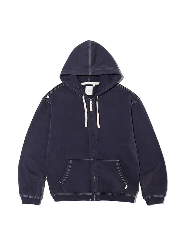 WASHED ZIP UP HOODED SWEATSHIRT NAVY