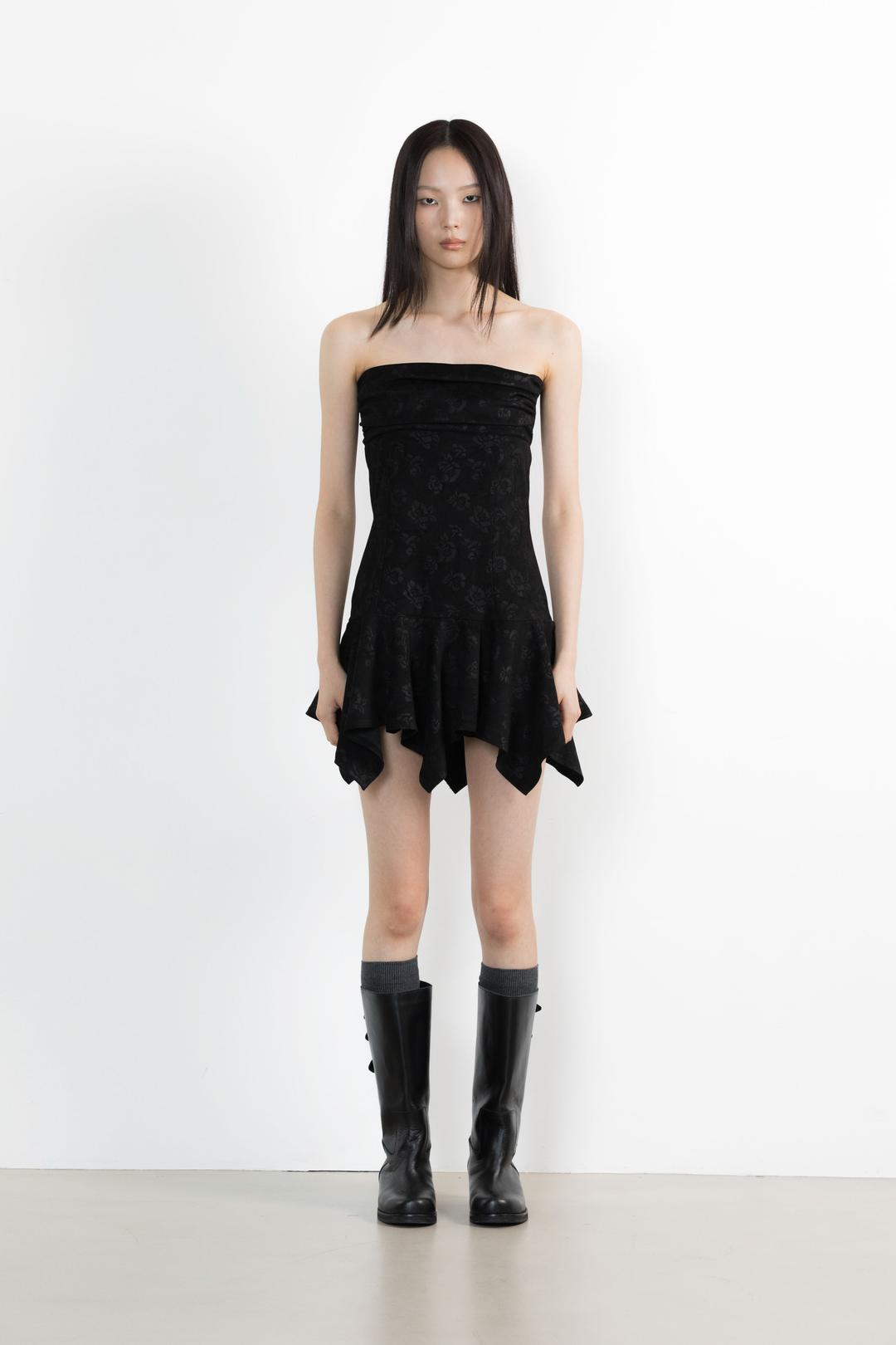FLOWER TUBE TOP MINI DRESS BLACK