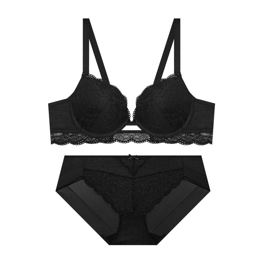 프론트홀 도트 레이스 볼륨 브라 팬티 세트 - 블랙