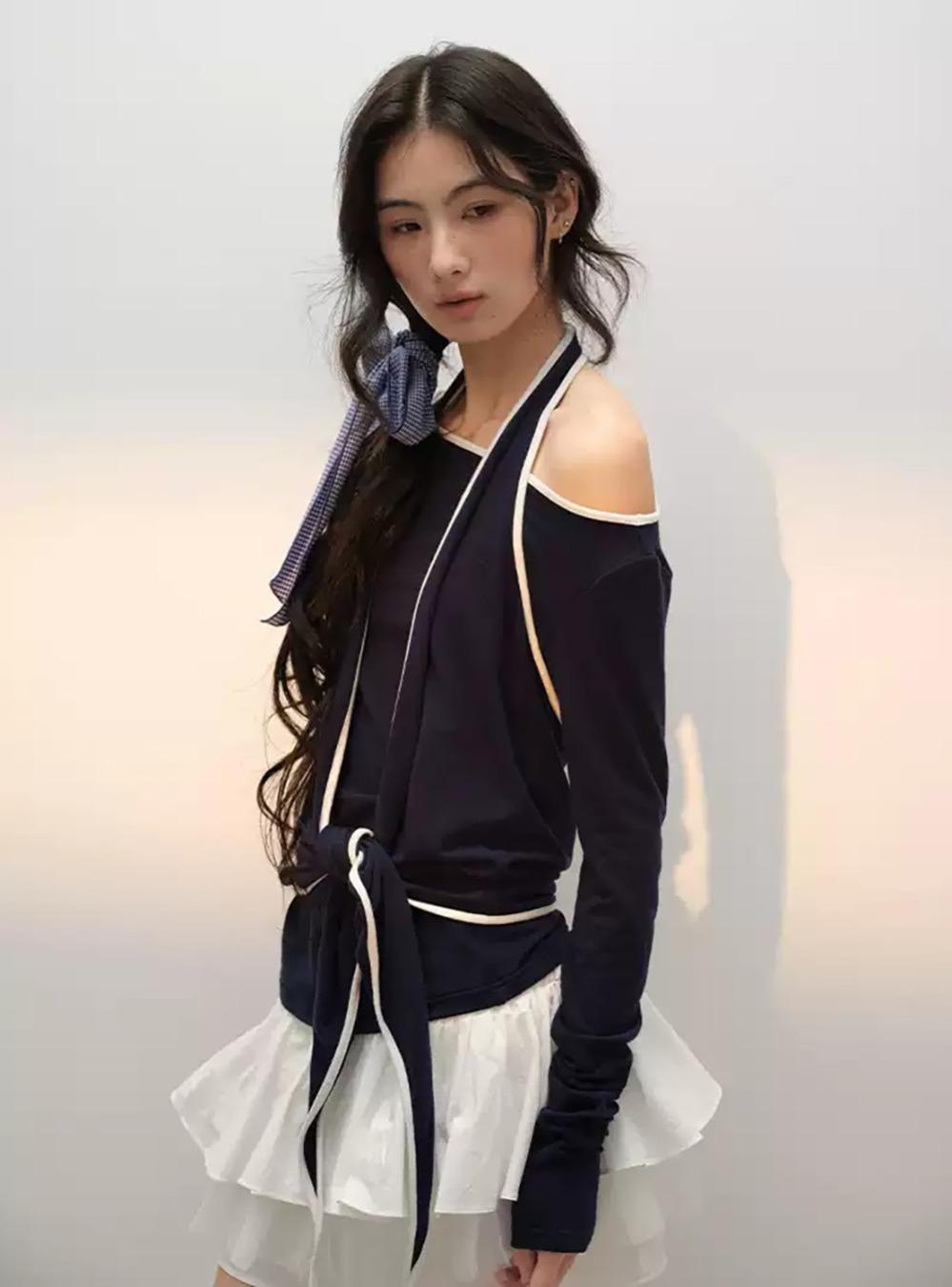 Tie One Shoulder Long Sleeve T-Shirt