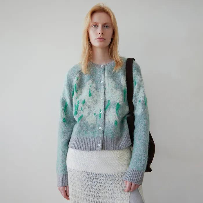 [7차] Flower Jacquard Knit Cardigan - Melange Grey