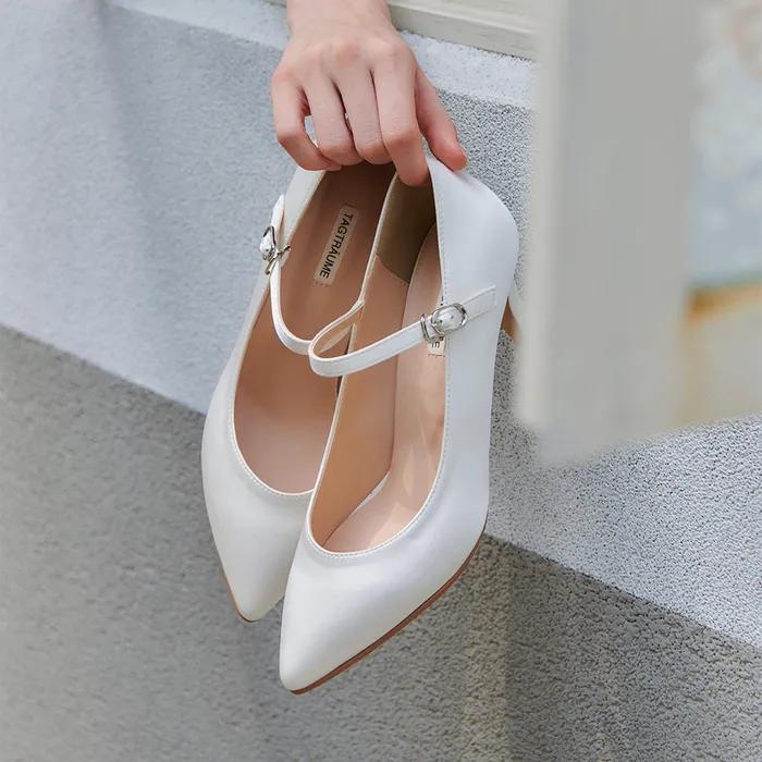 (WEDDING) Bouquet-2 - 베이직 포인티드 토 새틴 메리제인 펌프스 웨딩 슈즈 (부케-2)