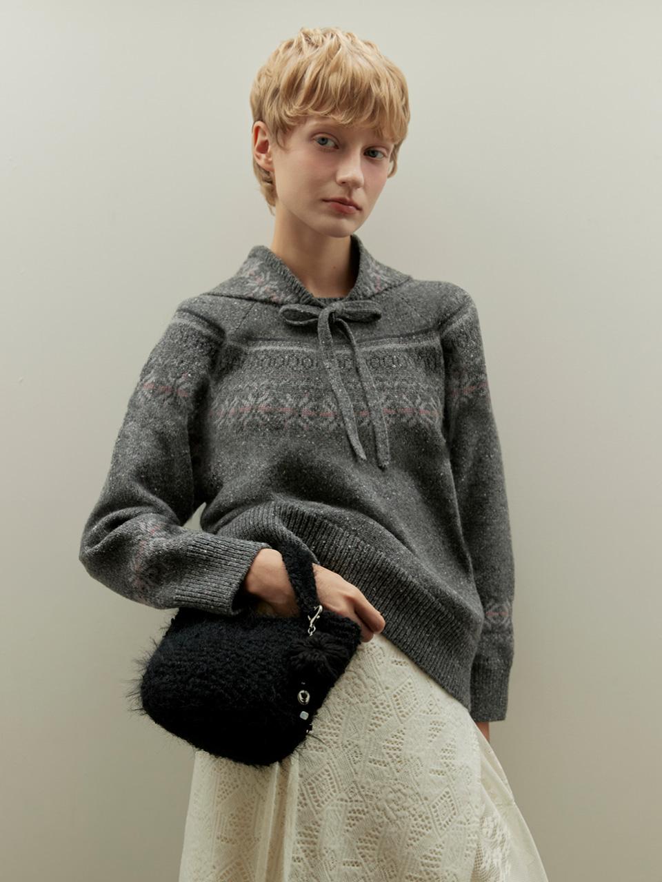 WOOL SILK BLENDED NORDIC KNIT+HEAD SCARF SET_DARK GREY