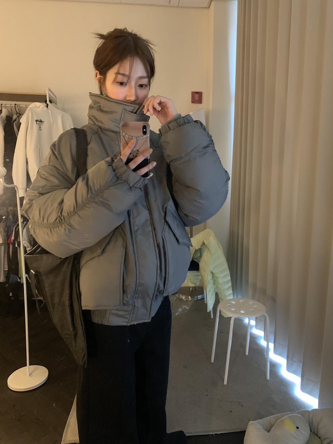 shirred bomber puffer jacket