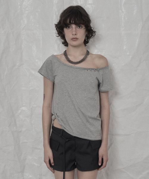 UNBALANCE PIERCING EYELET T-SHIRT GRAY