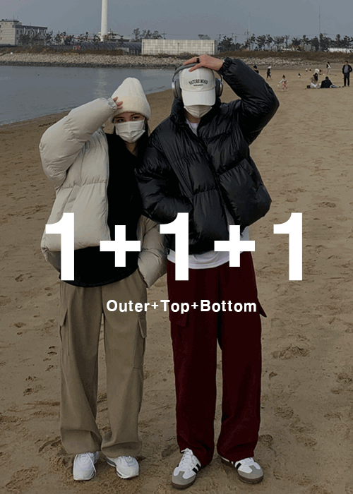 [1+1+1]로즈 푸퍼 패딩 + 100% 퓨어코튼 레이어드 반팔 + 힙 카고 코듀로이 팬츠 세트