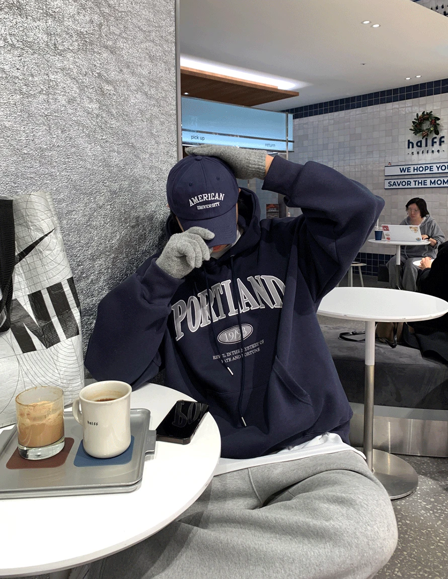 룩 어반 포틀랜드 자수 오버핏 기모 후드티