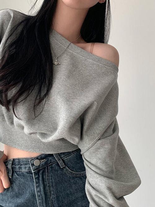 오프숄더 루즈핏 캐주얼 크롭 티셔츠 3color