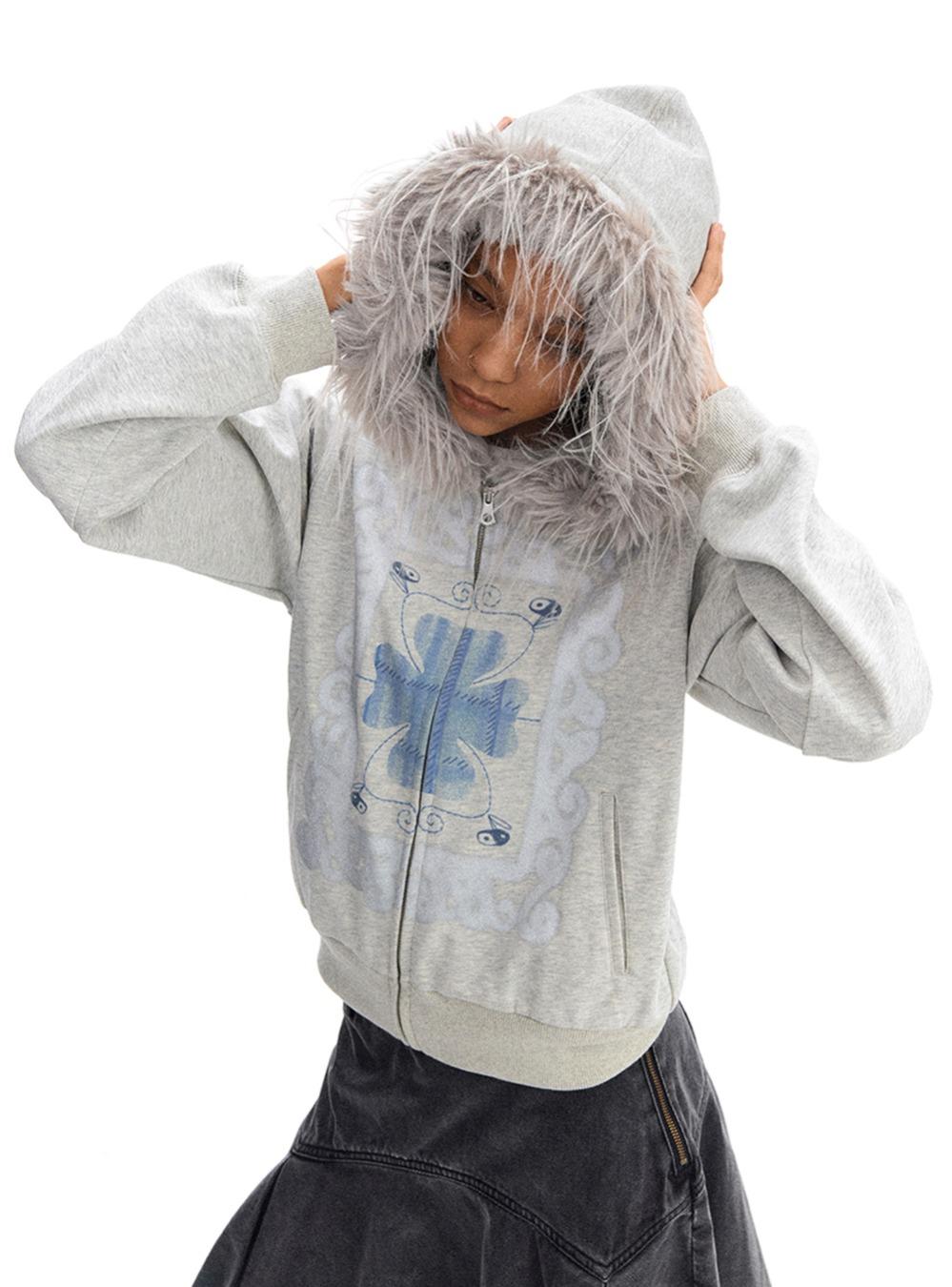 Sparkling Gray Four-Leaf Clover Hooded Zip-Up