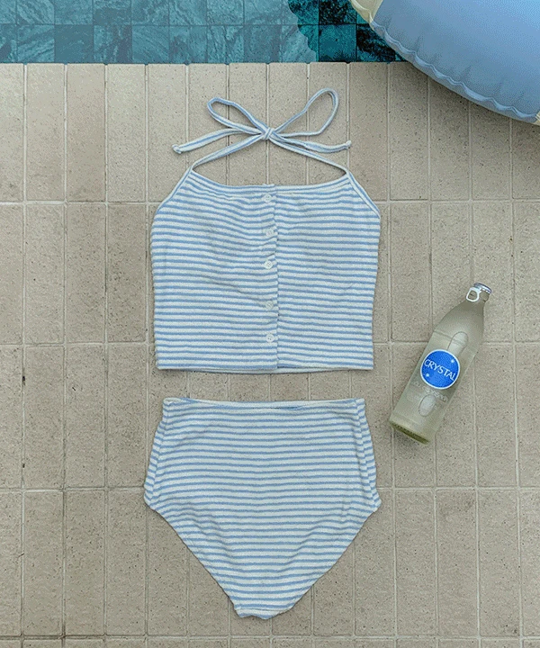 [소다맛🩵] 리즈닝 테리 스트라이프 버튼 홀터넥 투피스 모노키니  단가라 튜브탑 나시탑 끈나시 하이웨스트 캡내장 비키니 스윔웨어