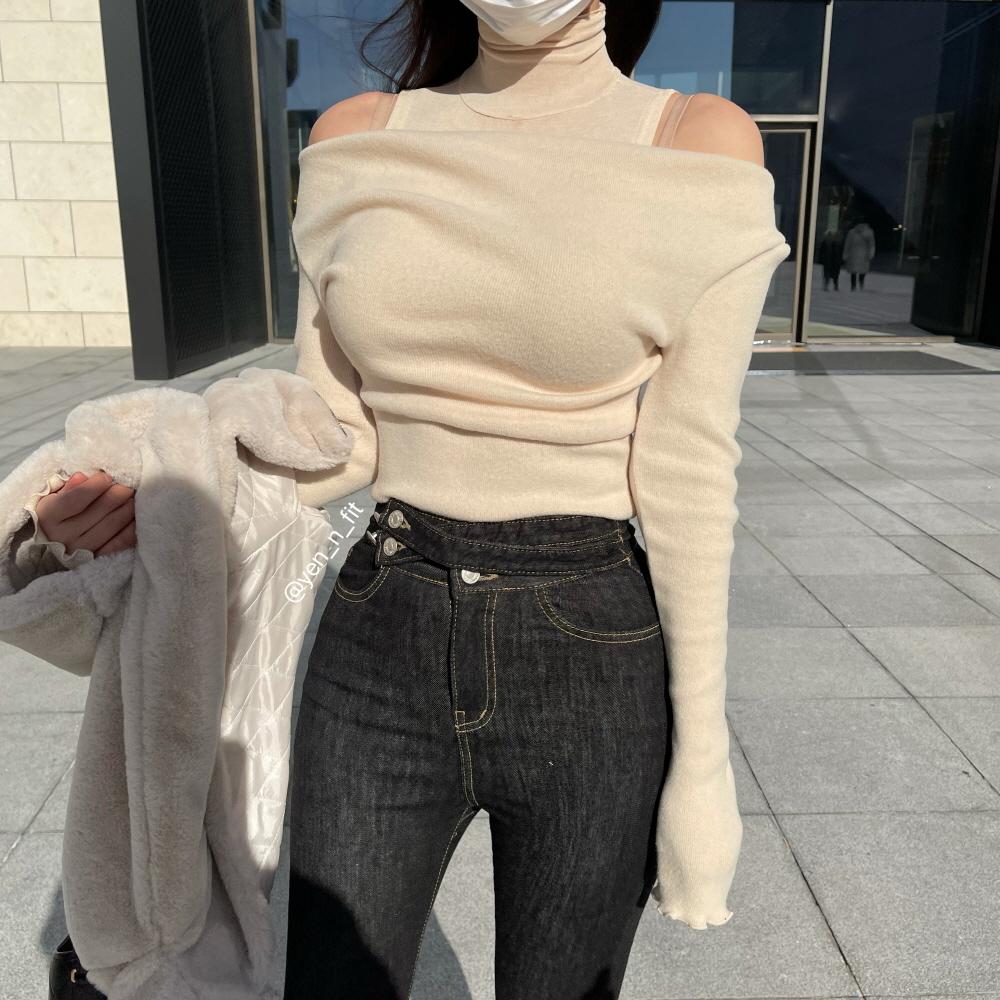 폴라 어깨트임 슬림핏 터들넥 나시 오프숄더 기모 티셔츠 3color