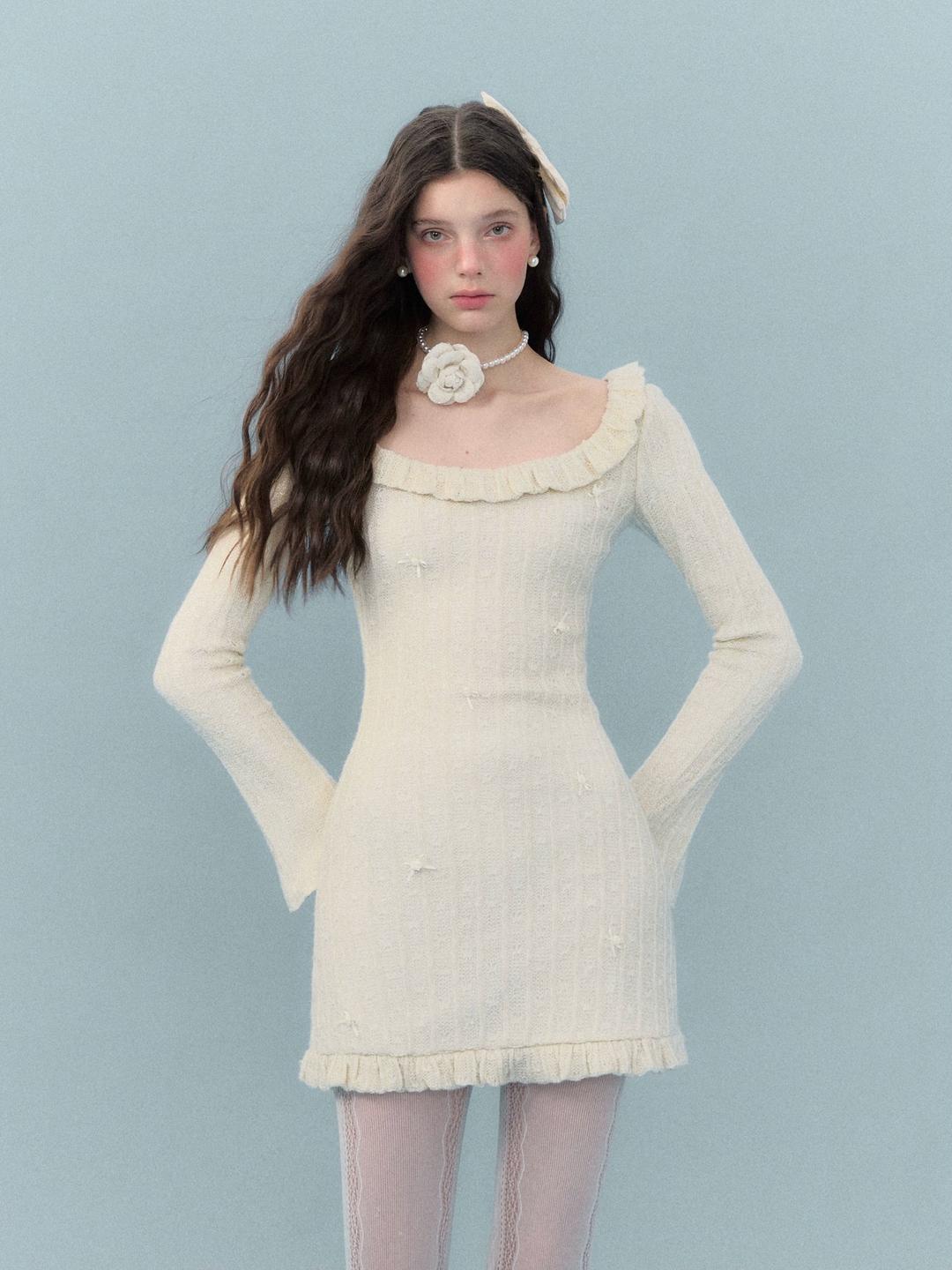 리본 스티치 프릴 니트 스커트