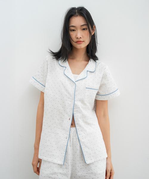 (w)스탠다드 거즈 미니 도트 파자마 반소매세트 화이트블루