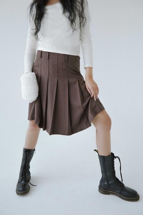 STRIPE PLEATED SKIRT BROWN ~11/17 open sale
