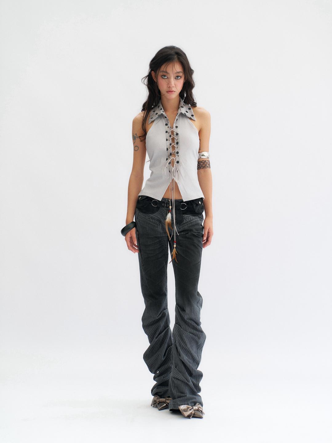 Flowers birds Market Inkjet Whisker Denim Pants