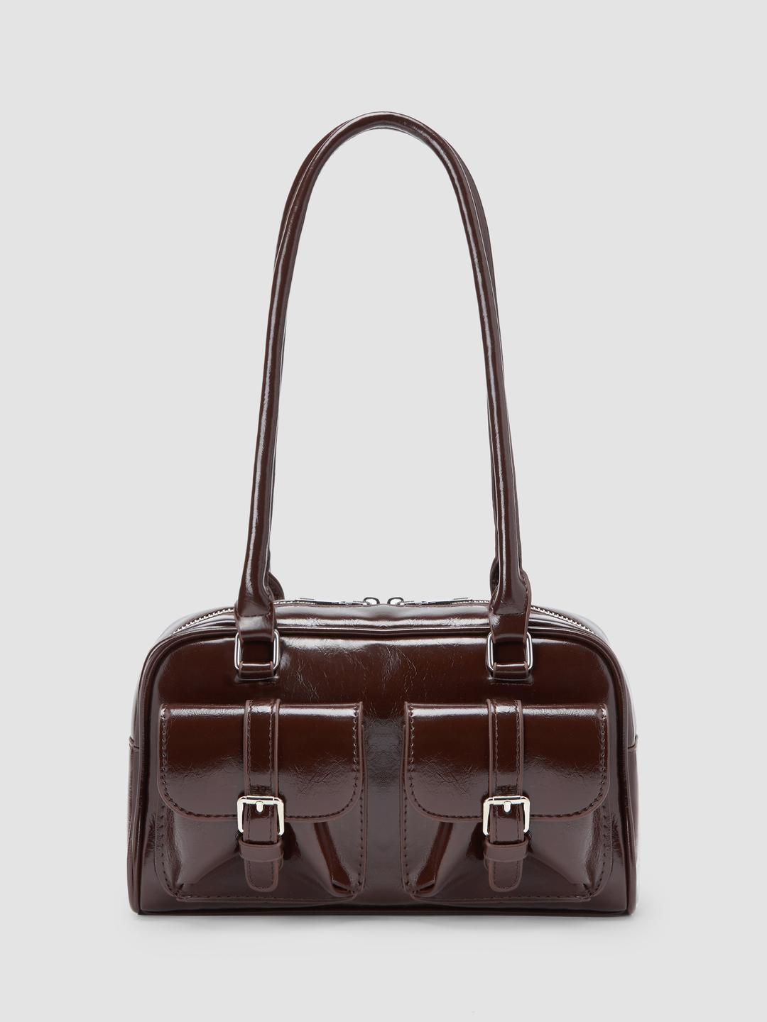 DOUBLE POCKET BOSTON FAUX LEATHER SHOULDER BAG
