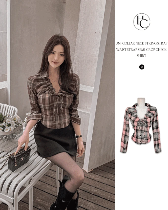 유니 카라넥 스트링 스트랩 허리끈 세미크롭 체크 셔츠