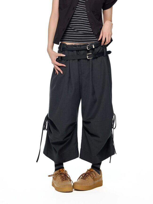 [EZEK] Pleated Drawstring Wide Leg Cropped Pants