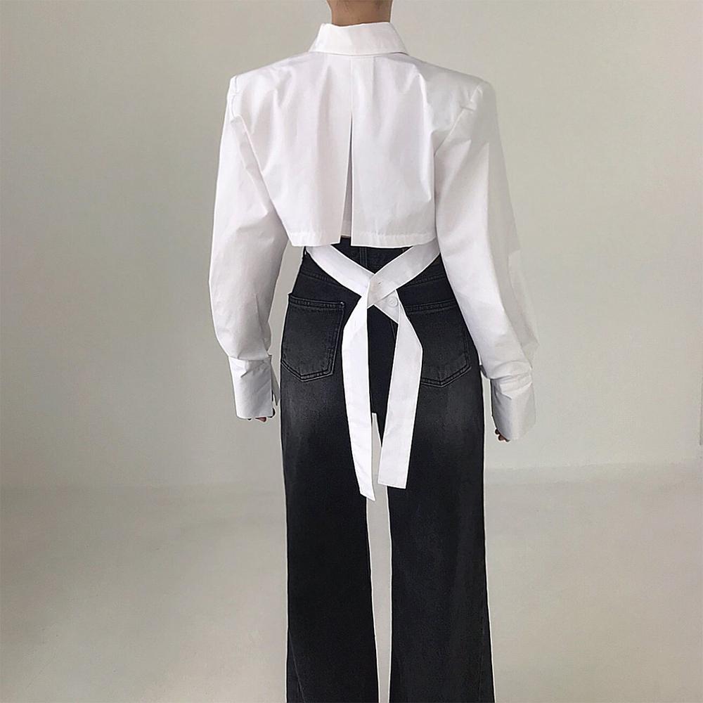 유니크 포인트 가을 여성 코튼 원포켓 카라 긴팔 어깨패드 크롭 백리스 스트랩 셔츠