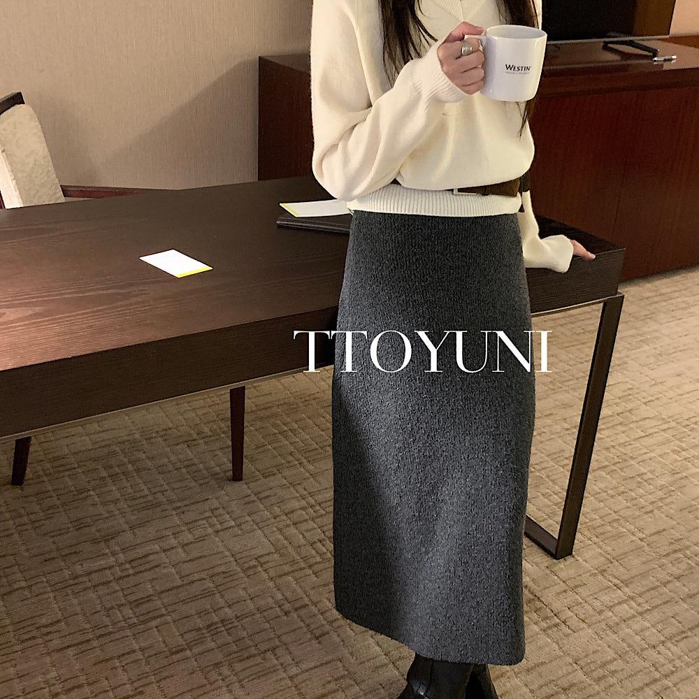 (아이,블랙당일) 미엘 miel 수이 울 니트 스커트 롱 H라인 떠유니