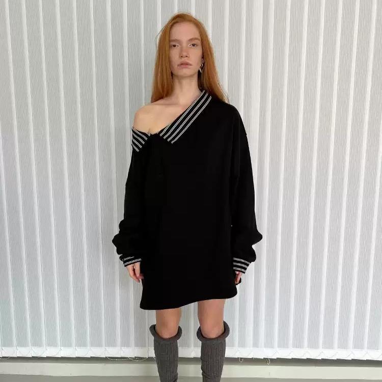 Rockrio Rarelicold 스트라이프 슬로프 칼라 오프숄더 스웨트셔츠