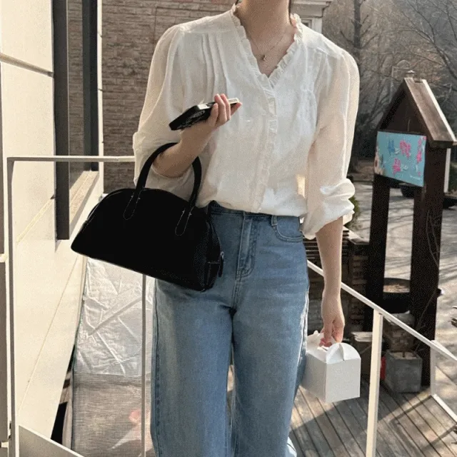 (3color) 블랑 프릴 브이넥 셔링 퍼프 핀턱 봄 블라우스