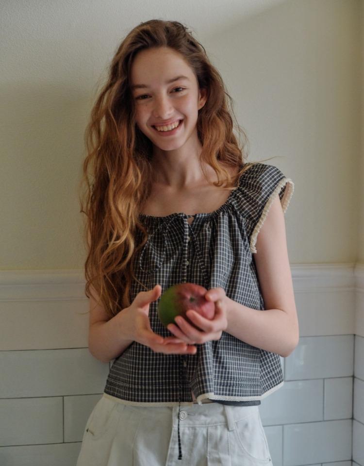 check shirring sleeveless blouse - navy