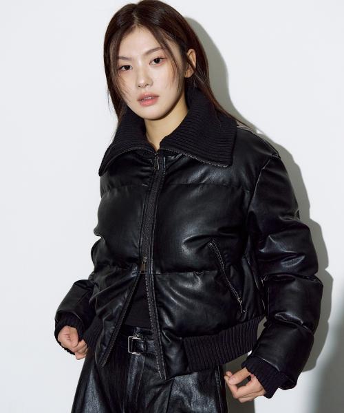 레더 리브드 칼라 웰론 점퍼 [블랙]